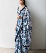 blue floral silk blend designer saree