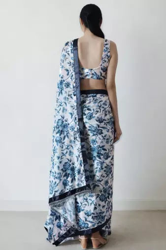 blue floral silk blend designer saree