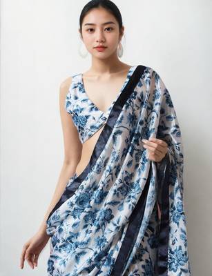 blue floral silk blend designer saree 3