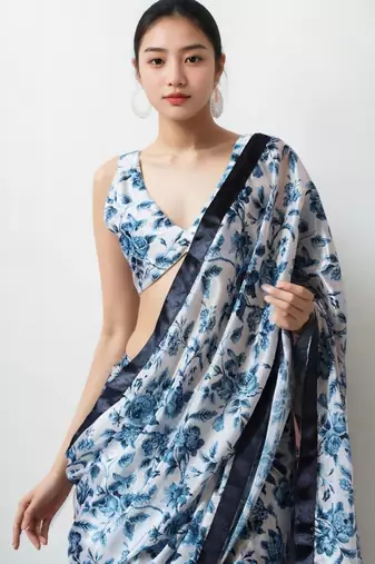 blue floral silk blend designer saree