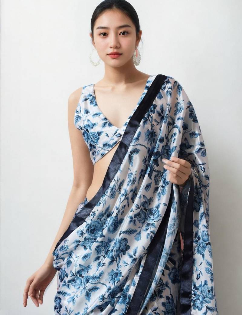 blue floral silk blend designer saree