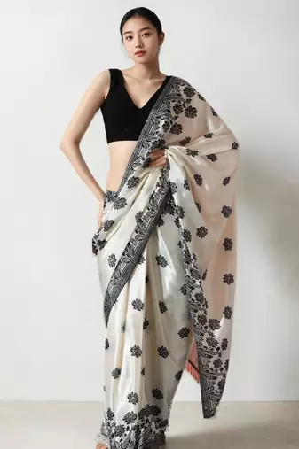 cream floral silk blend saree