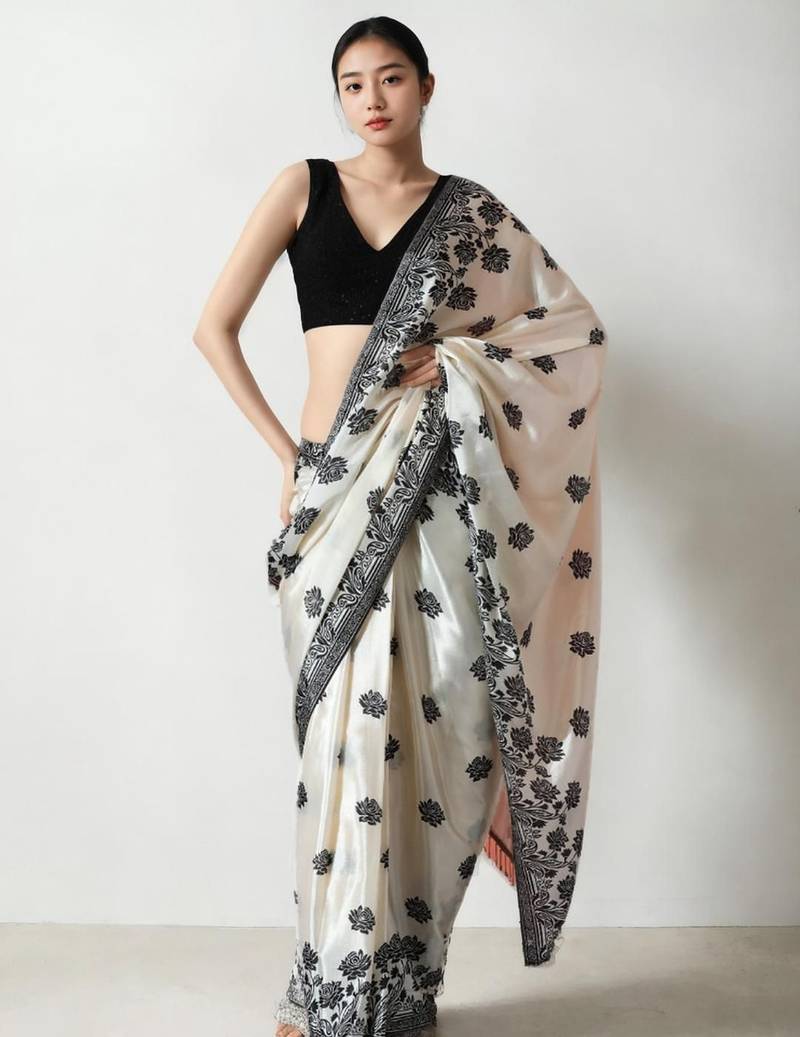 cream floral silk blend saree