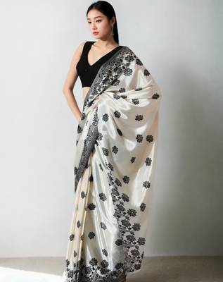 cream floral silk blend saree 2