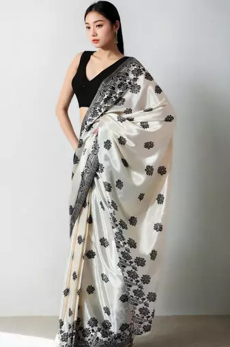 cream floral silk blend saree