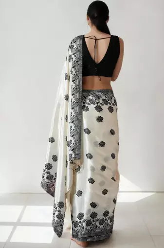 cream floral silk blend saree