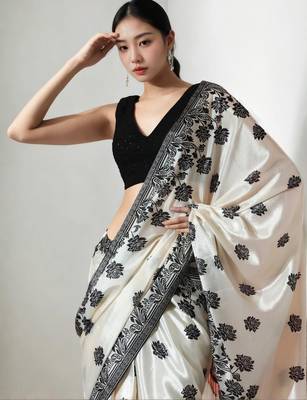 cream floral silk blend saree 5