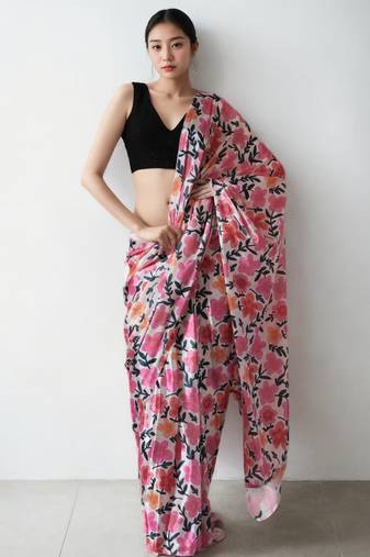 magenta floral silk blend saree