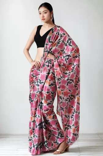 magenta floral silk blend saree