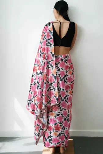 magenta floral silk blend saree