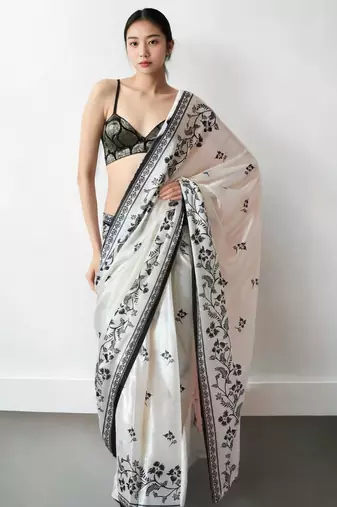 white floral silk blend saree