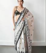 white floral silk blend saree