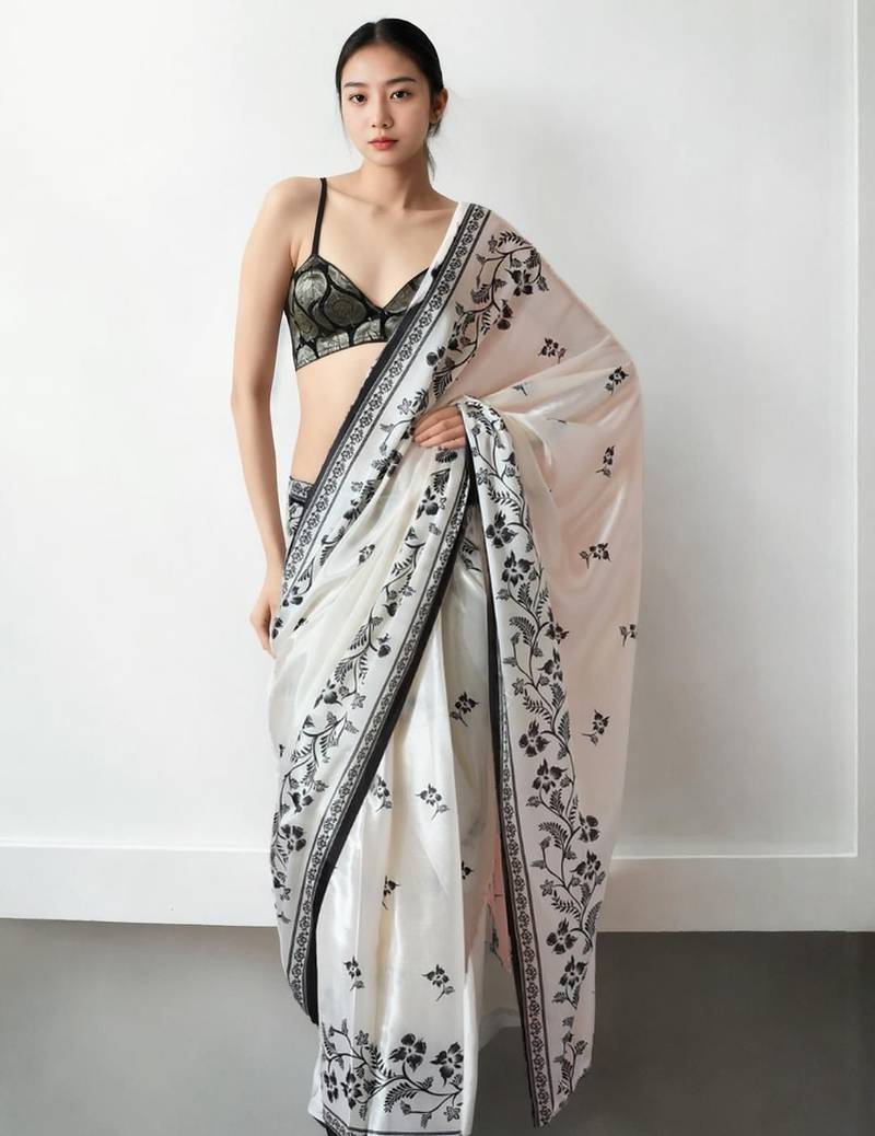 white floral silk blend saree