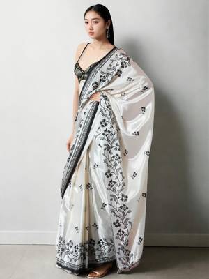 white floral silk blend saree 2