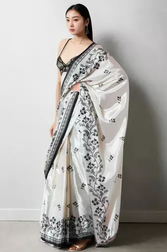 white floral silk blend saree