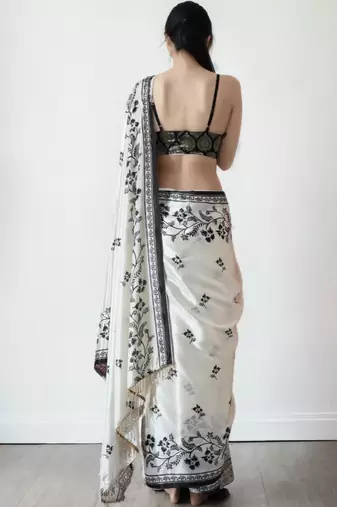 white floral silk blend saree