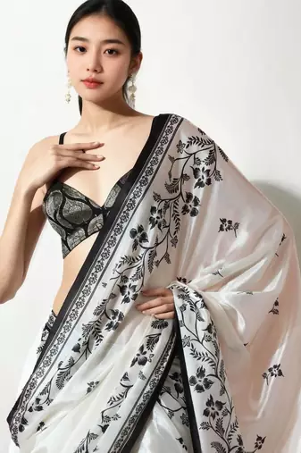 white floral silk blend saree
