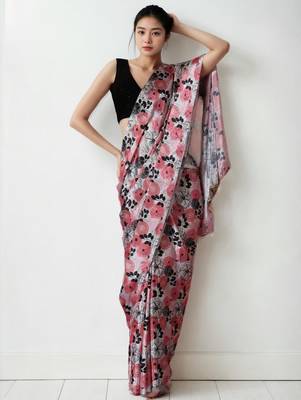 pink floral silk blend saree 1