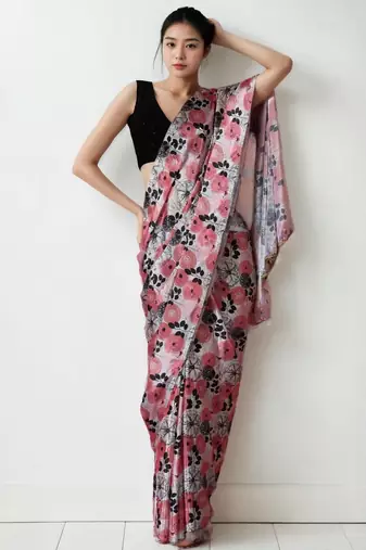 pink floral silk blend saree