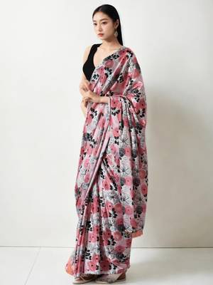 pink floral silk blend saree 2