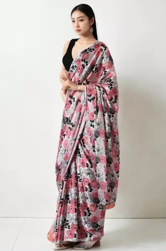 pink floral silk blend saree