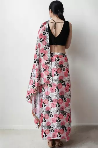 pink floral silk blend saree