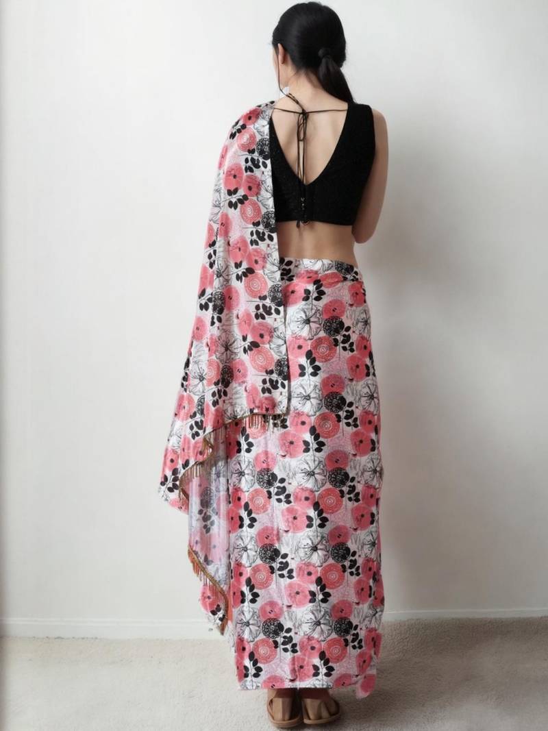 pink floral silk blend saree