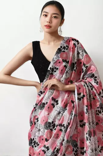pink floral silk blend saree