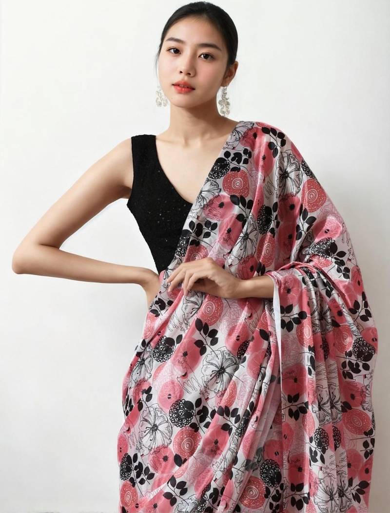 pink floral silk blend saree