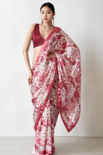 red floral silk blend saree