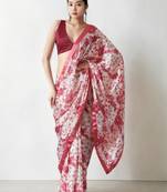 red floral silk blend saree