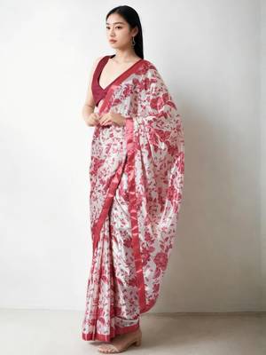 red floral silk blend saree 2