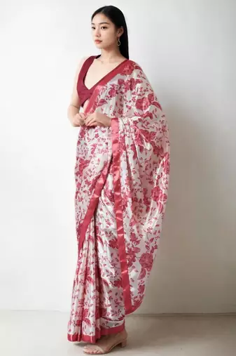 red floral silk blend saree