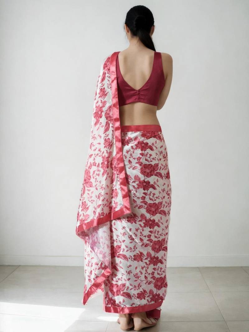 red floral silk blend saree
