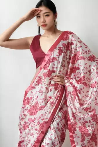 red floral silk blend saree