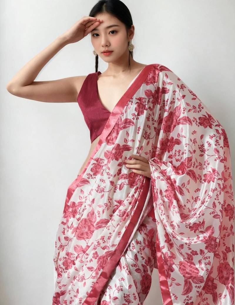 red floral silk blend saree