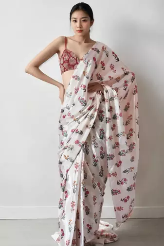 white floral silk blend designer saree