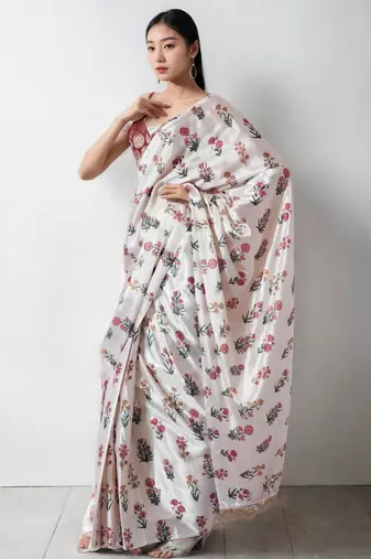 white floral silk blend designer saree