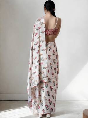 white floral silk blend designer saree 3