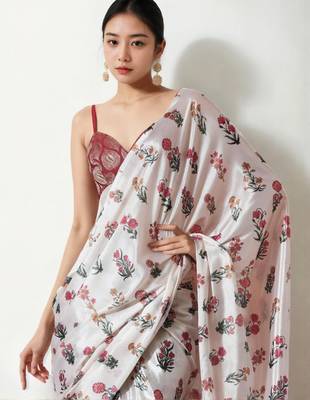 white floral silk blend designer saree 4