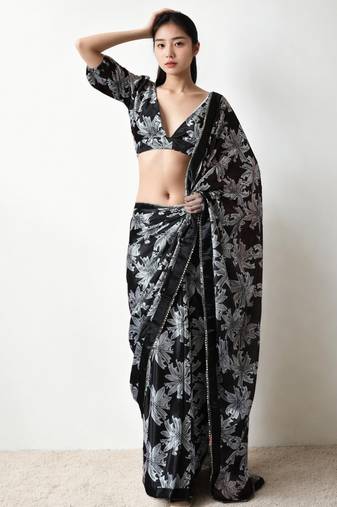 black floral silk blend designer saree