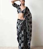 black floral silk blend designer saree