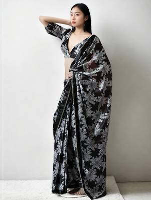 black floral silk blend designer saree 2