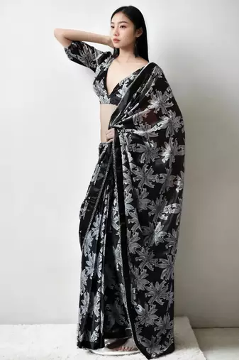 black floral silk blend designer saree
