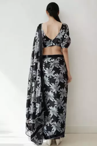 black floral silk blend designer saree