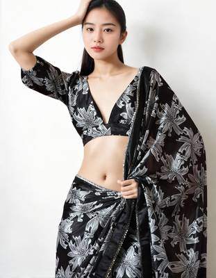 black floral silk blend designer saree 4