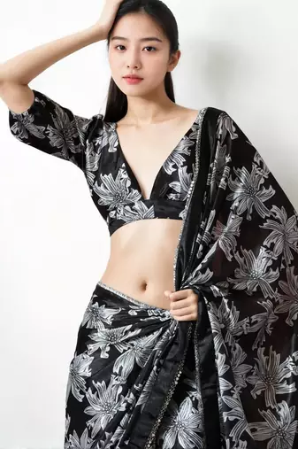 black floral silk blend designer saree