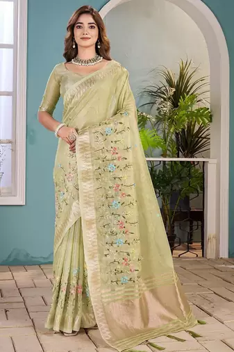 light_lime floral zari silk blend tussar saree
