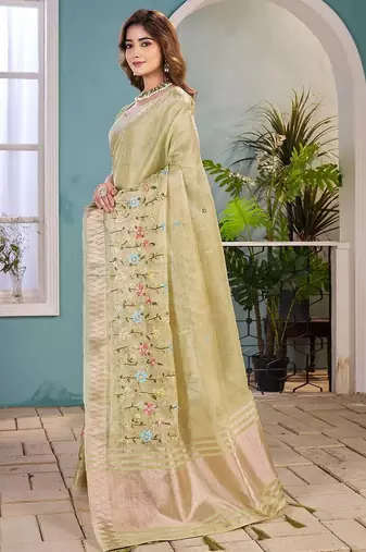 light_lime floral zari silk blend tussar saree