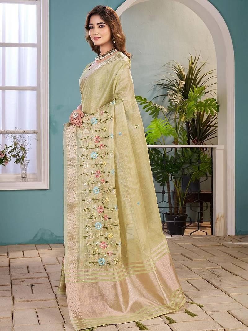 light_lime floral zari silk blend tussar saree